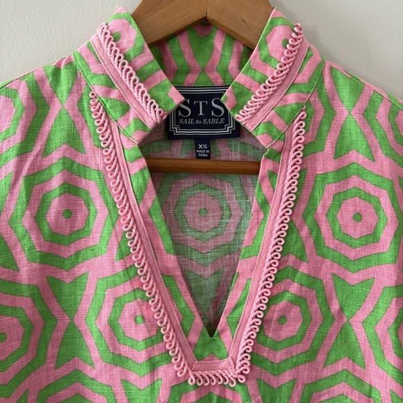 Sail to Sable 100% Linen V Neck Trim Embroidered Tunic Long Sleeve Pink Size XS - Picture 1 of 11